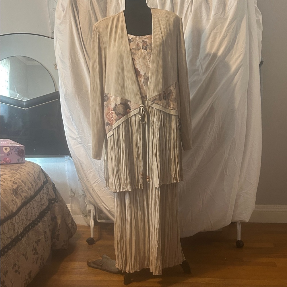 S.L. Fashions Beige Floral Long Sleeve Dress